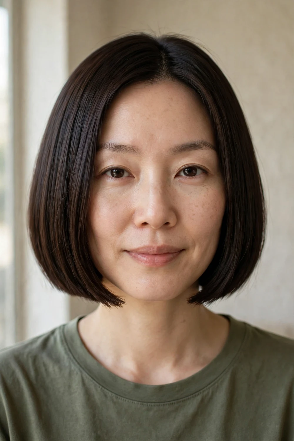 Classic chin-length blunt bob on a woman with a thin face, straight dark brown hair with a crisp even edge
