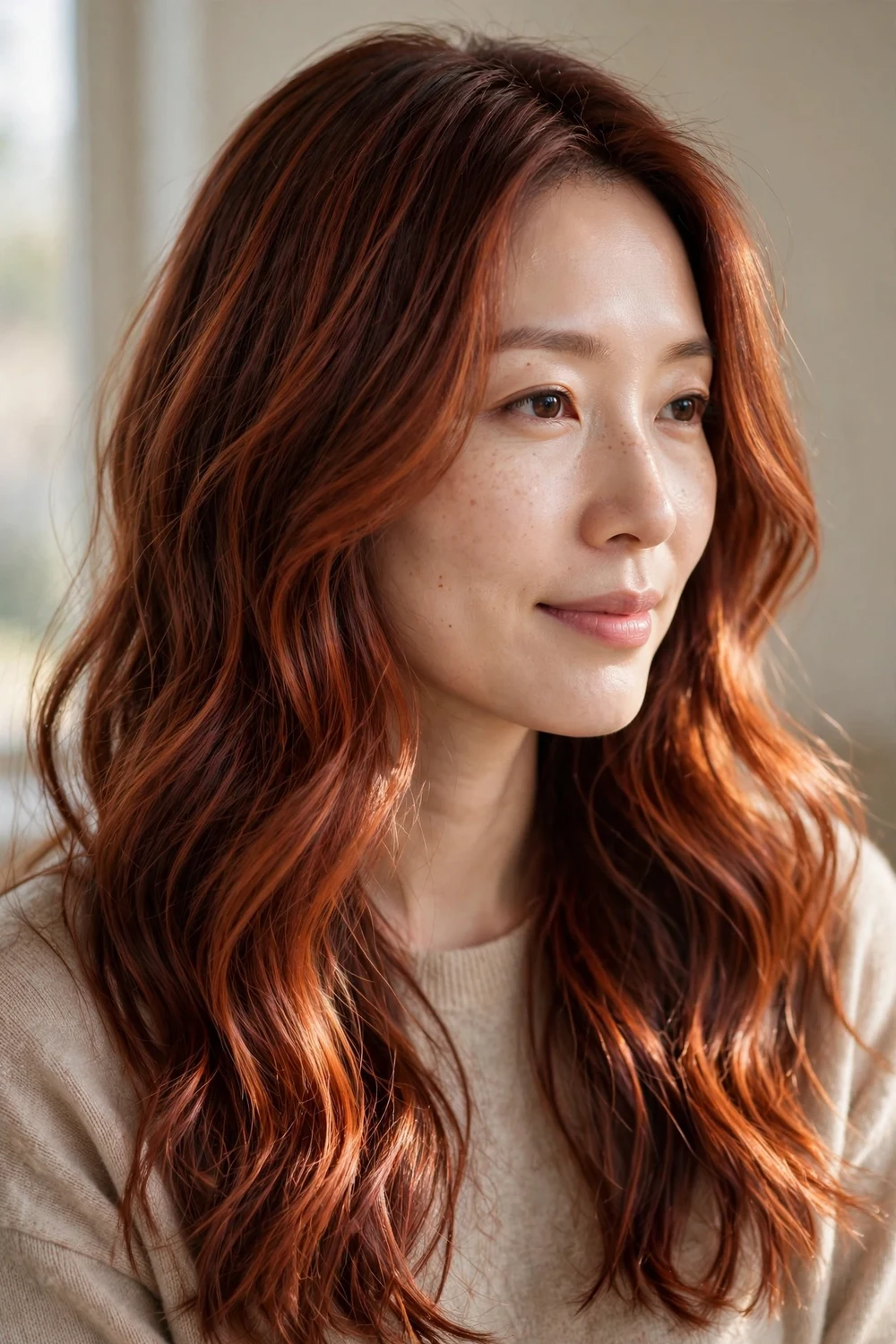 Woman with long wavy hair in a classic auburn copper blend of red-brown and fiery copper tones