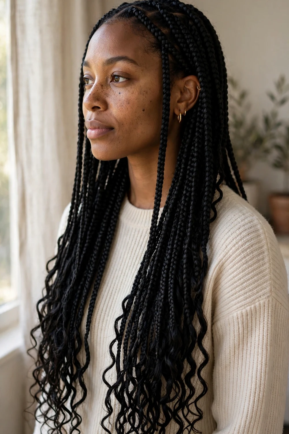 Woman with long classic boho knotless box braids and loose curly ends