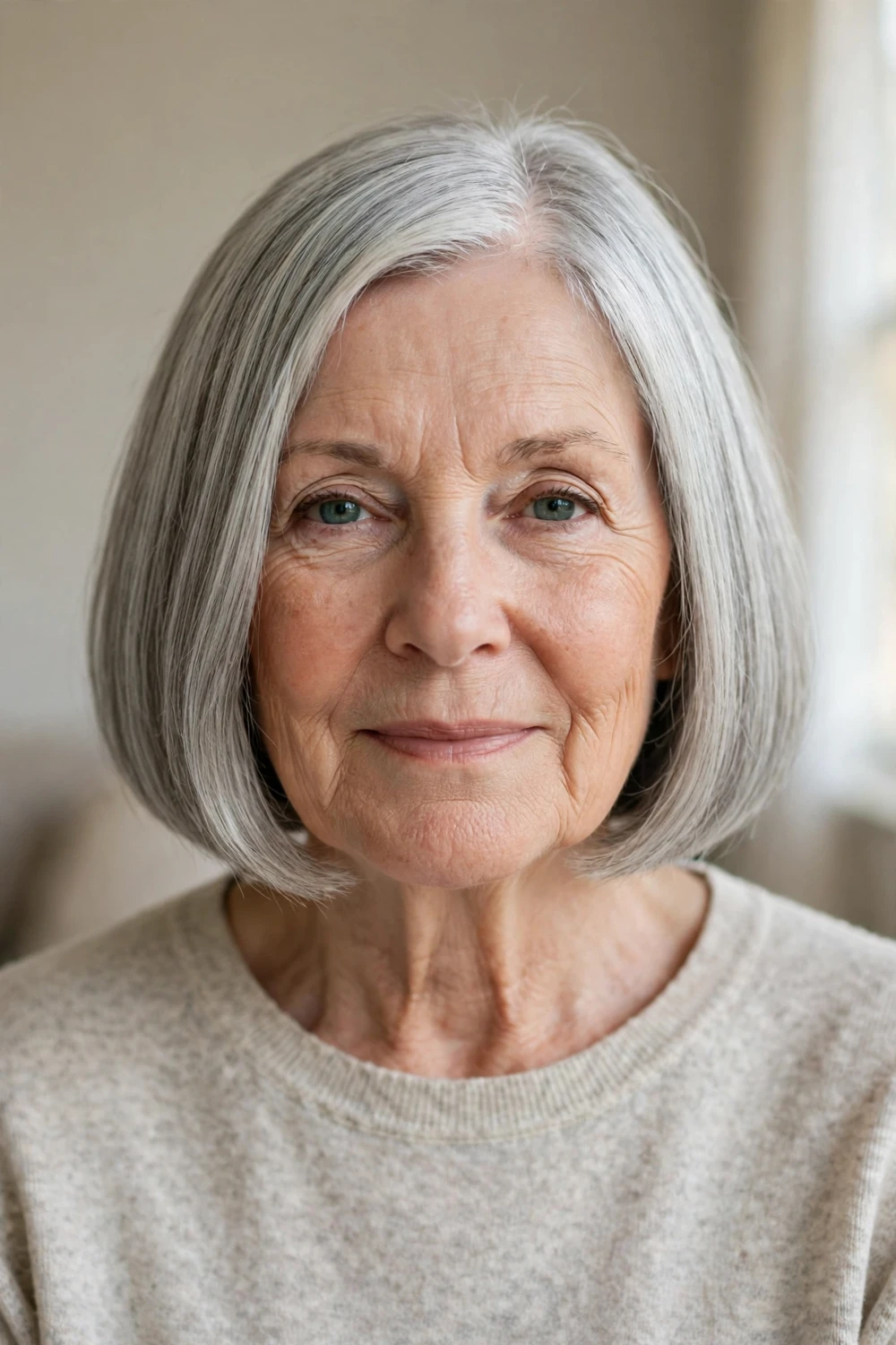 Classic chin-length bob on a 62-year-old woman with silver-gray thin hair