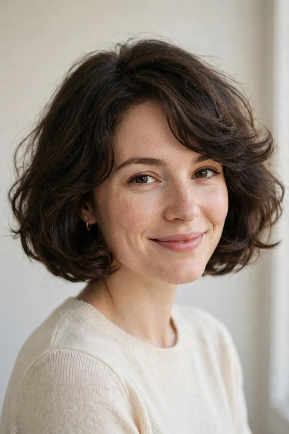 Classic cloud bob haircut with soft rounded silhouette and airy layers on dark brown hair