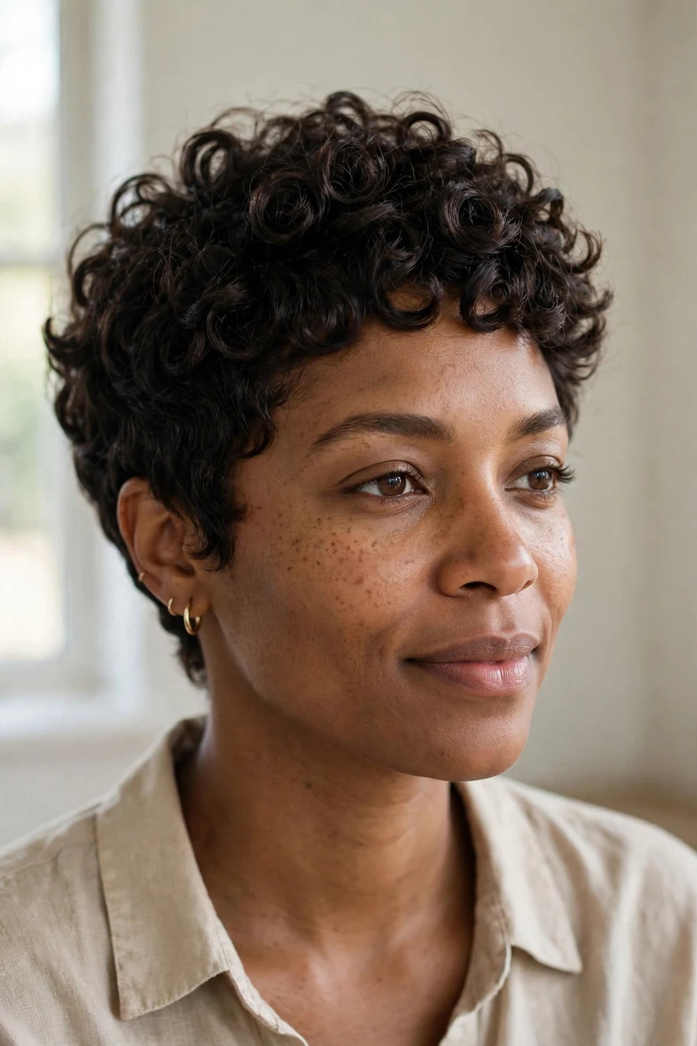 Black woman with a classic curly pixie cut showing defined curls on top