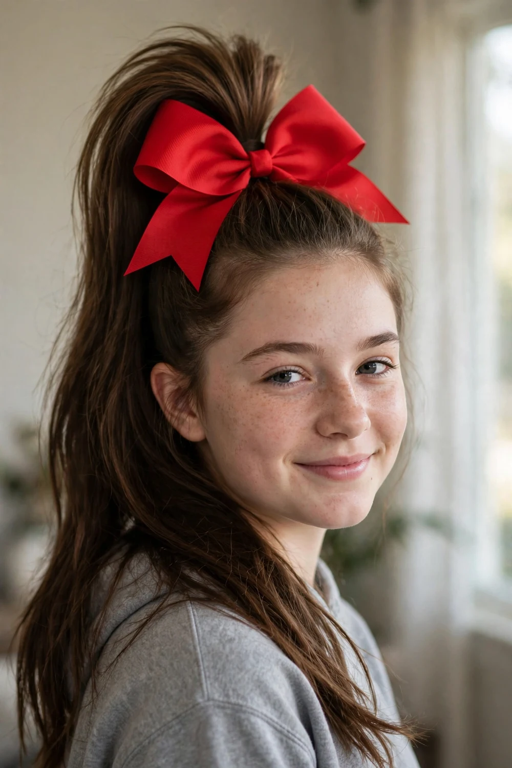 Girl with classic high ponytail and large red cheer bow