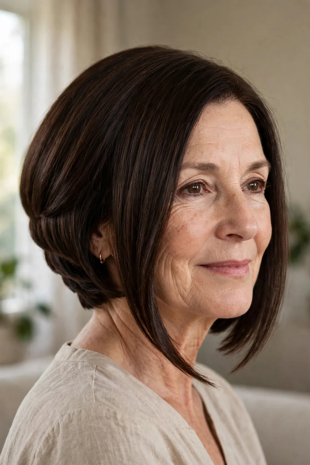 Classic sleek angled bob on a woman over 50 with dark chocolate brown hair