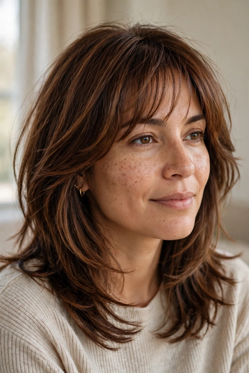 Woman with chestnut brown medium-length layered hair and a feathered wispy fringe