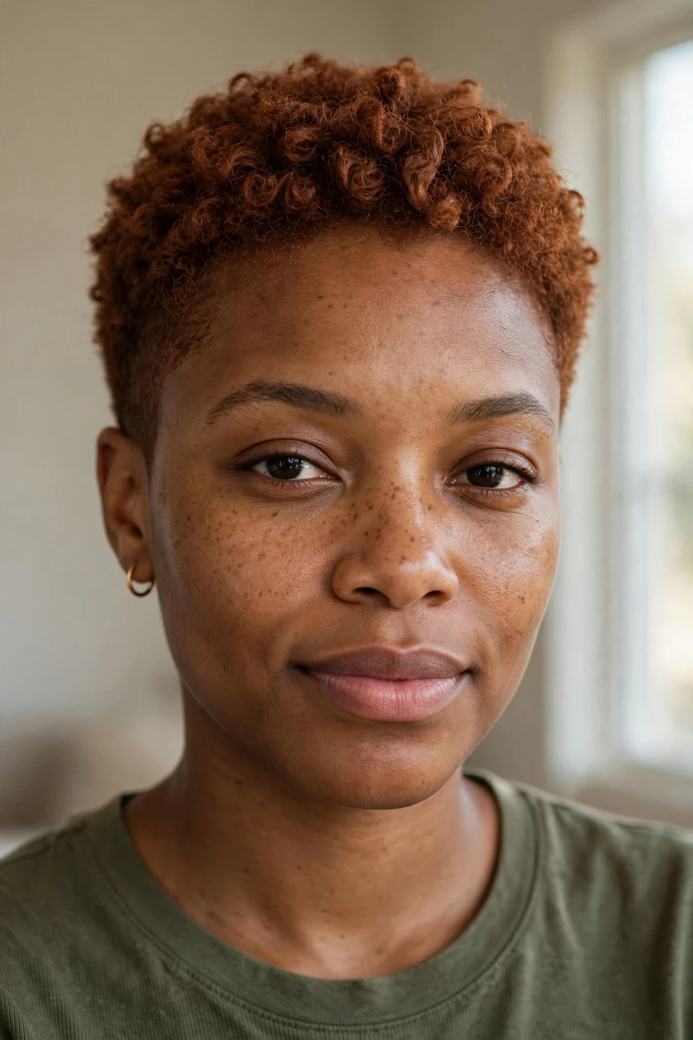Woman with short natural-textured auburn-brown crop with defined curls on top