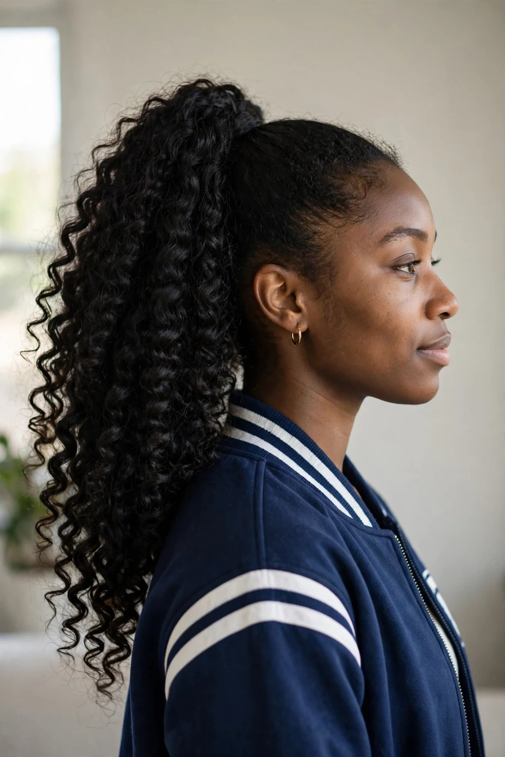 Woman with curly high ponytail cheer hairstyle