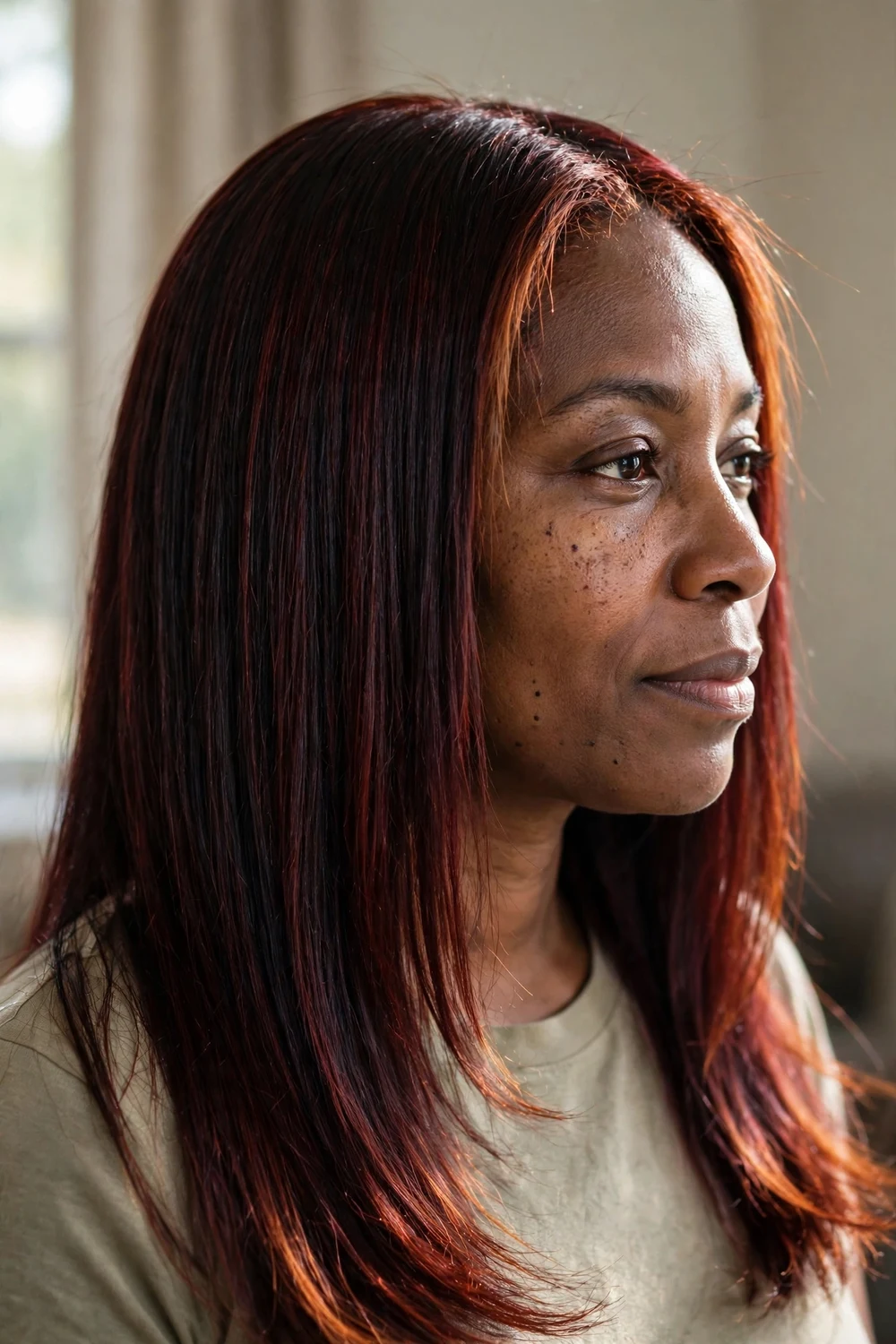 Woman with deep dark auburn copper hair with red undertones catching the light