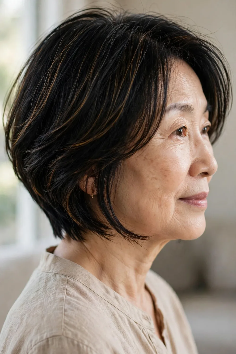Layered angled bob for fine hair on a woman over 50