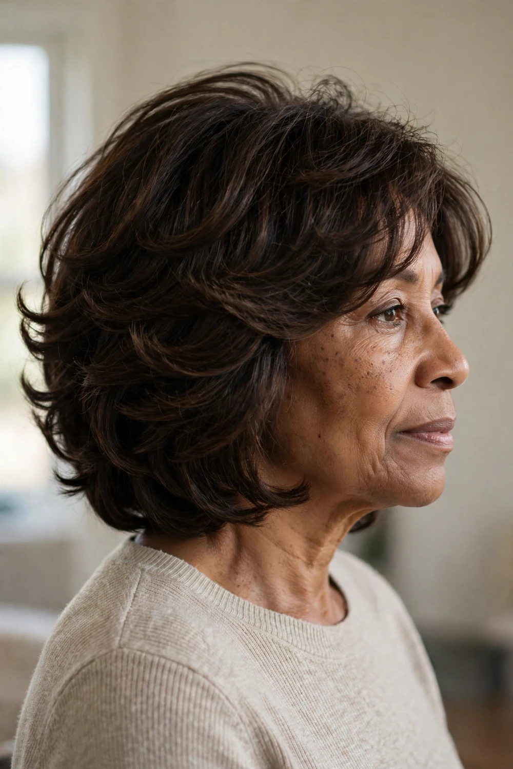 Layered bob with volume on a 58-year-old woman with dark brown fine hair