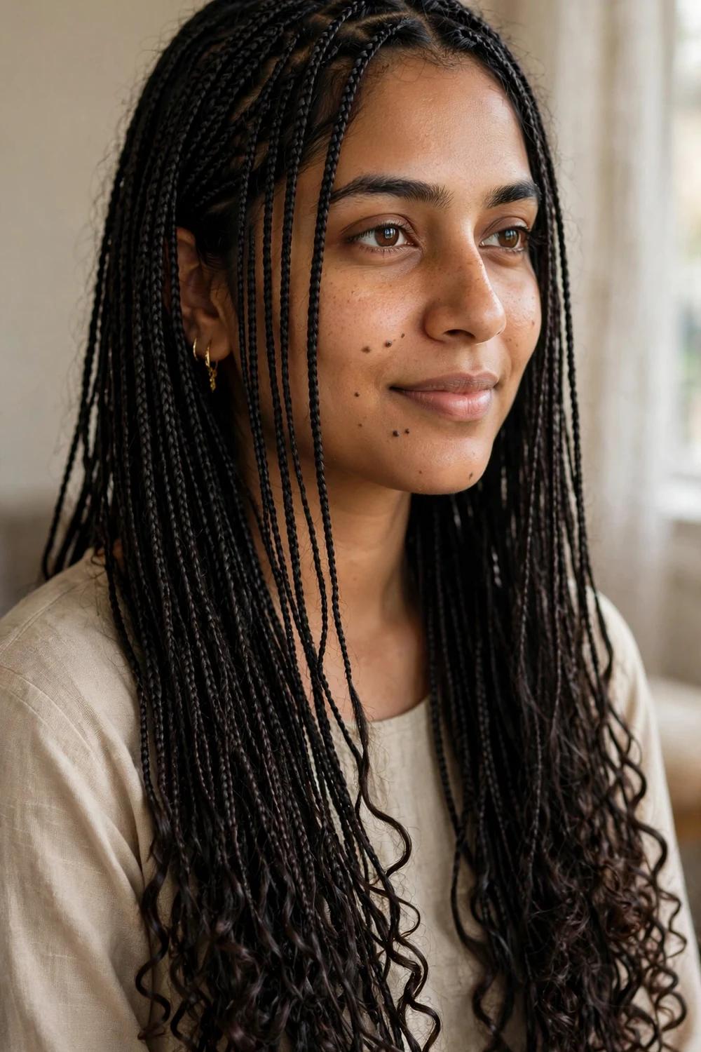 Woman with long tiny micro boho box braids and curly ends