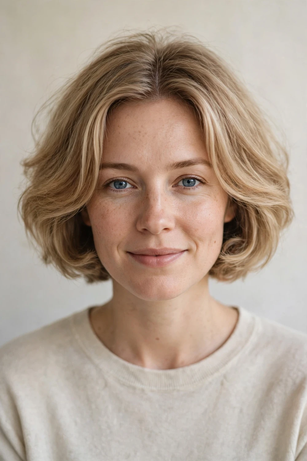 Chin-length rounded cloud haircut with light volume at the crown on blonde hair