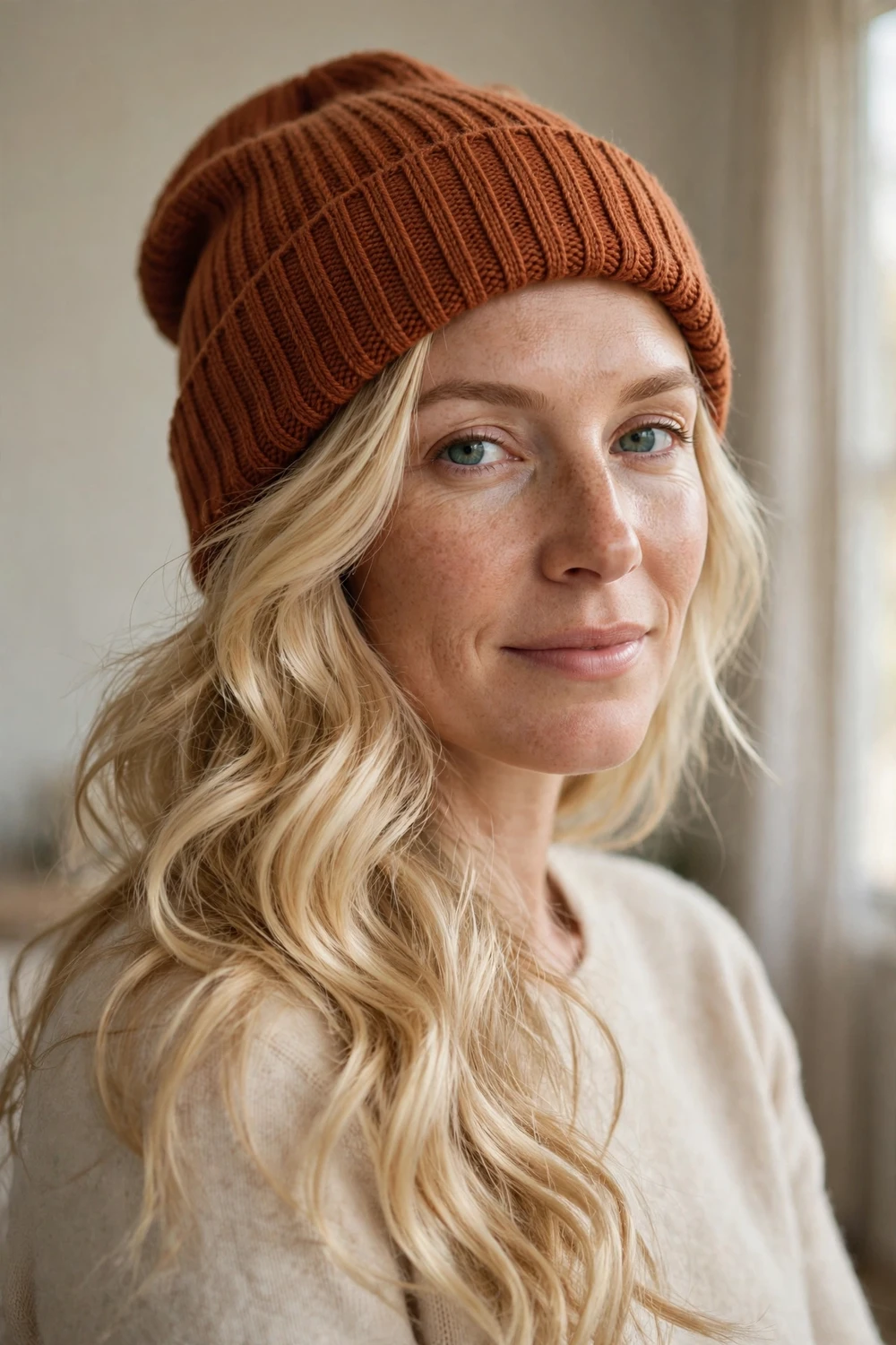 Woman with long blonde hair swept to one side wearing a rust knit beanie