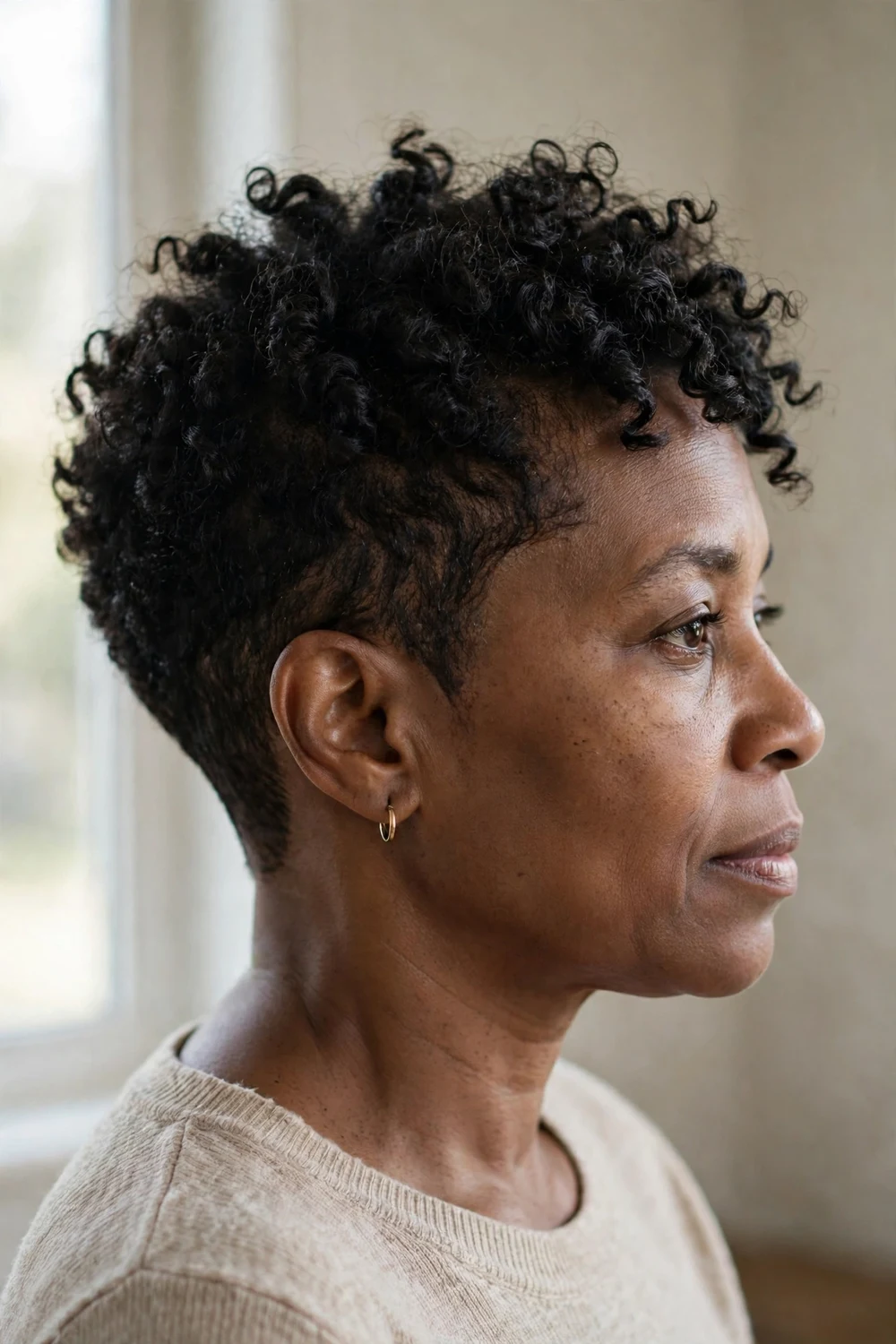 Side view of a tapered curly pixie with closely cut sides and longer curls on top