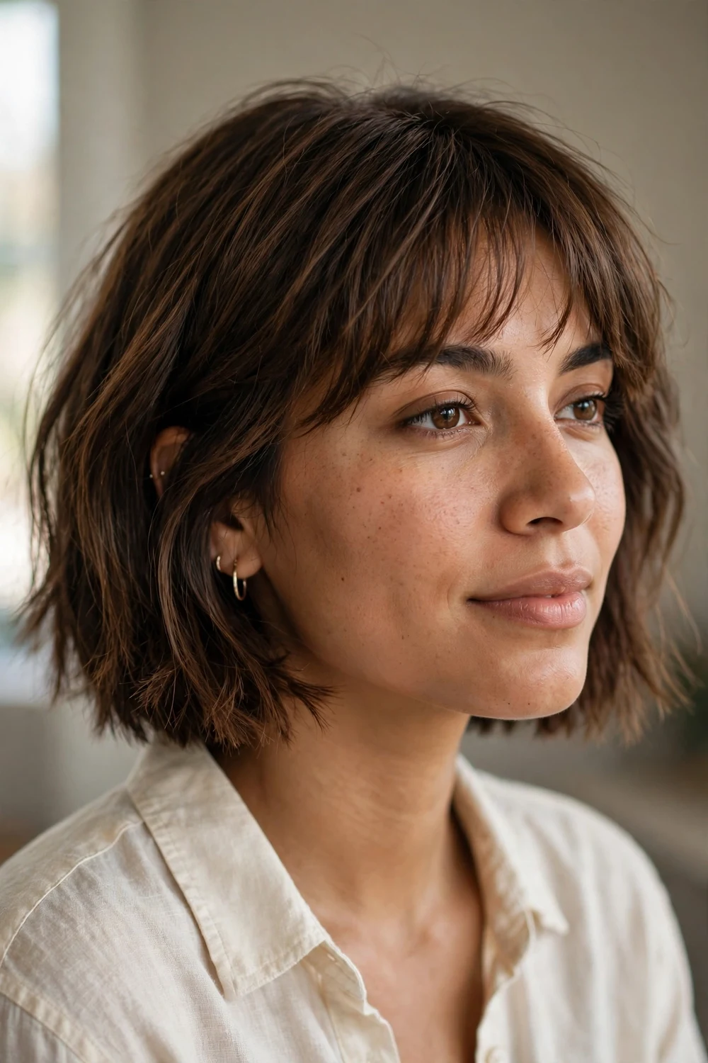 Textured blunt bob with wispy bangs on a woman with a narrow face, medium brown hair