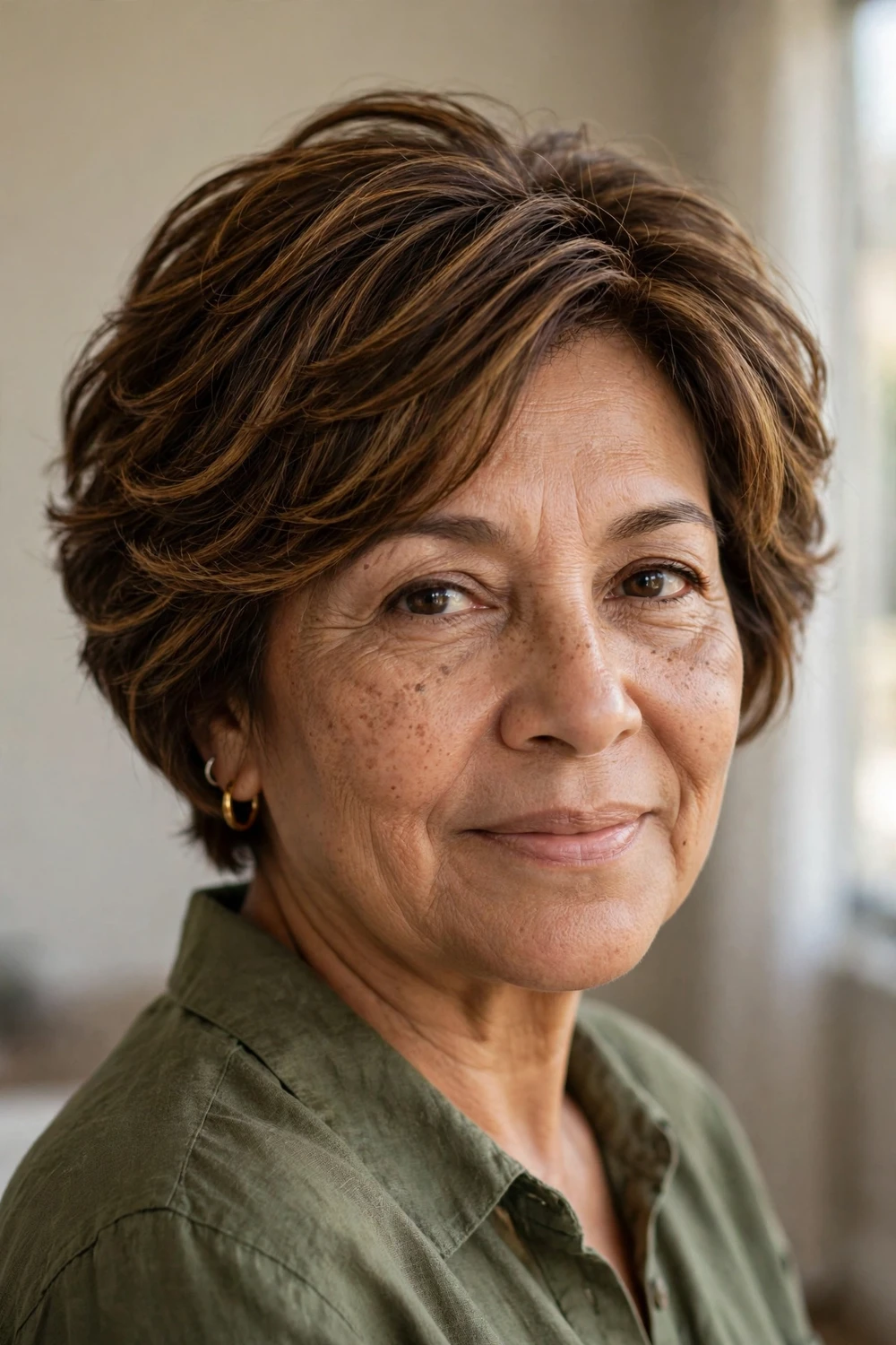 55-year-old Latina woman with brown textured layered short bob with soft internal layers