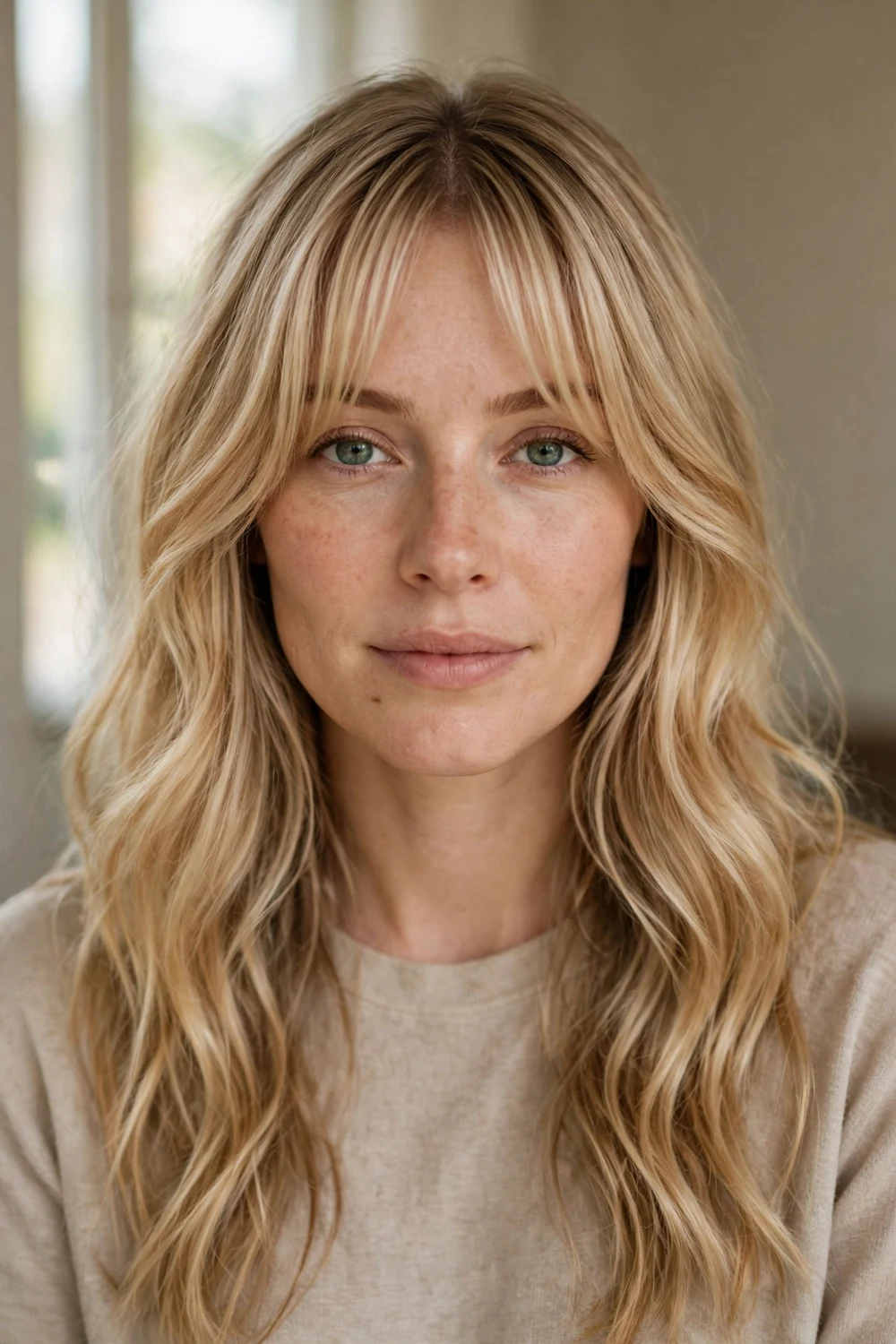 Woman with honey blonde long wavy hair and center-parted wispy curtain bangs