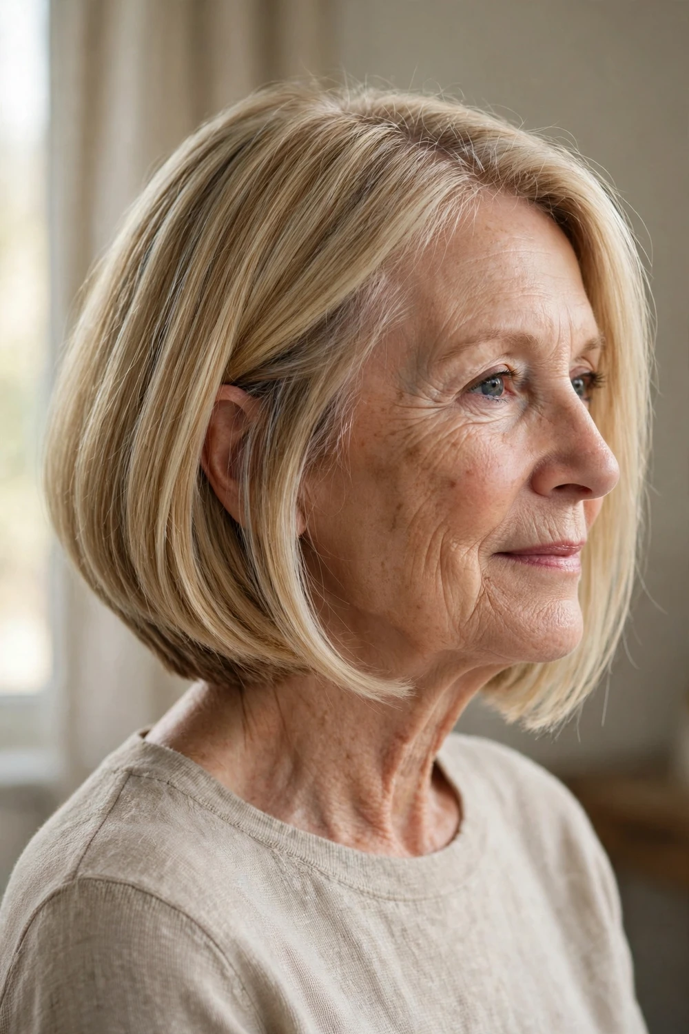 A-line bob longer in front on a 65-year-old woman with blonde thin hair