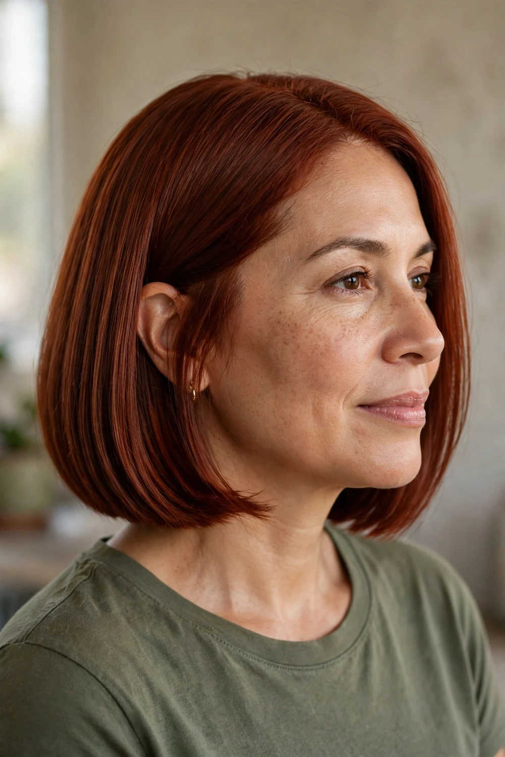 Woman with chin-length blunt auburn bob, smooth and glossy
