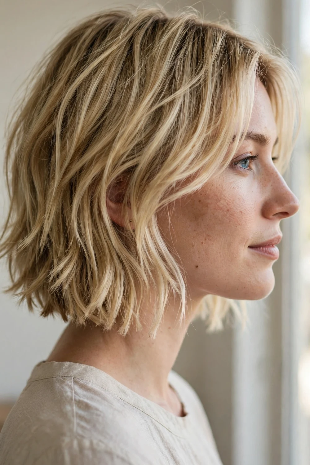 Chin-length shaggy bob with choppy layers on a woman with a thin face, blonde hair
