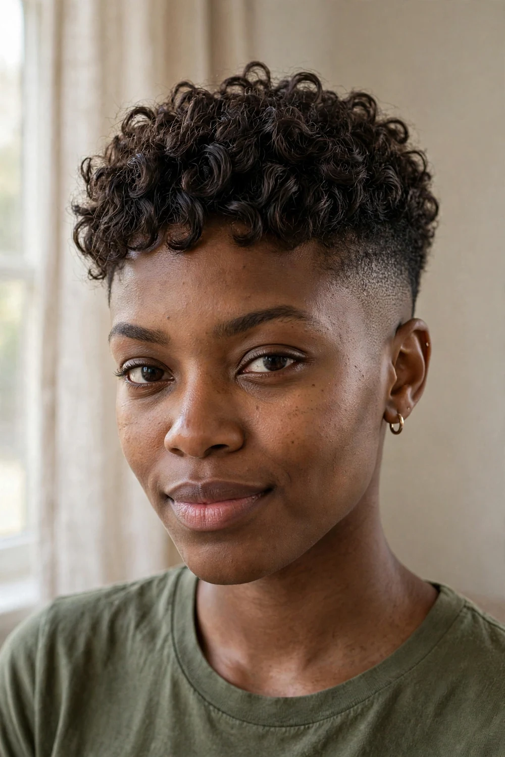 Curly pixie with a skin fade on the sides and a full crown of tight curls