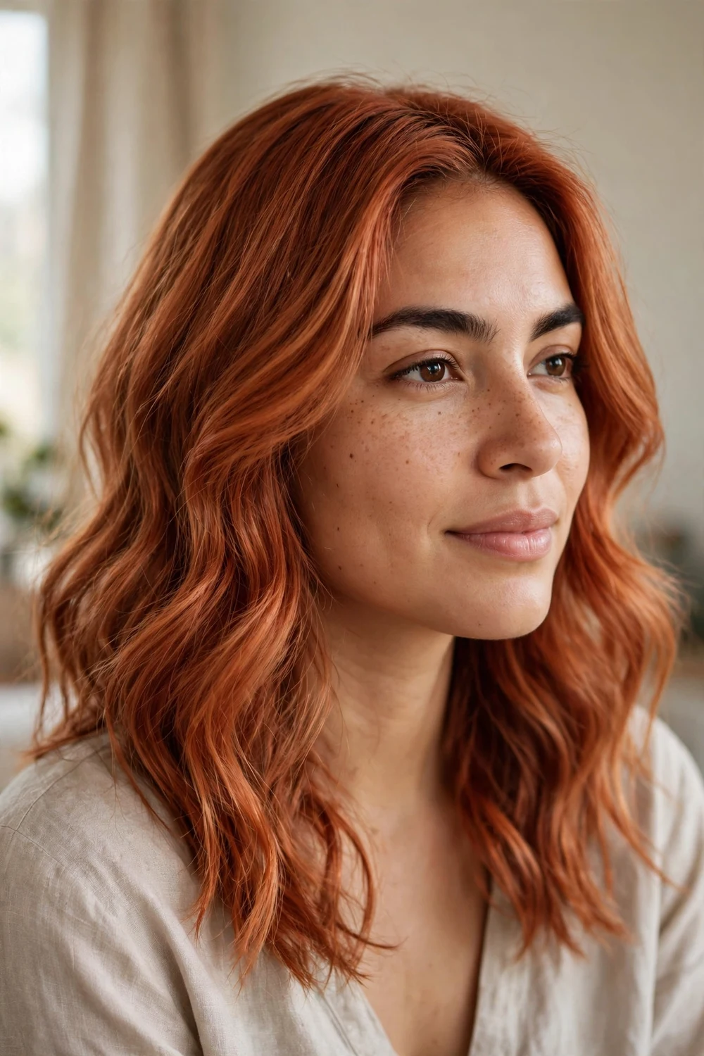Woman with light auburn copper hair in soft warm waves