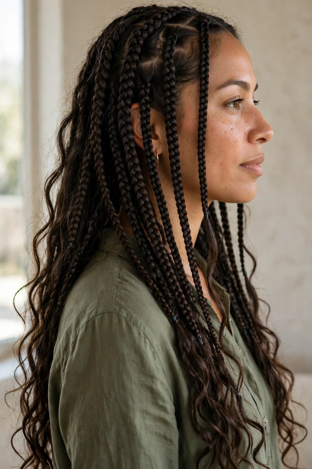 Woman with long medium-size knotless boho braids and wavy strands