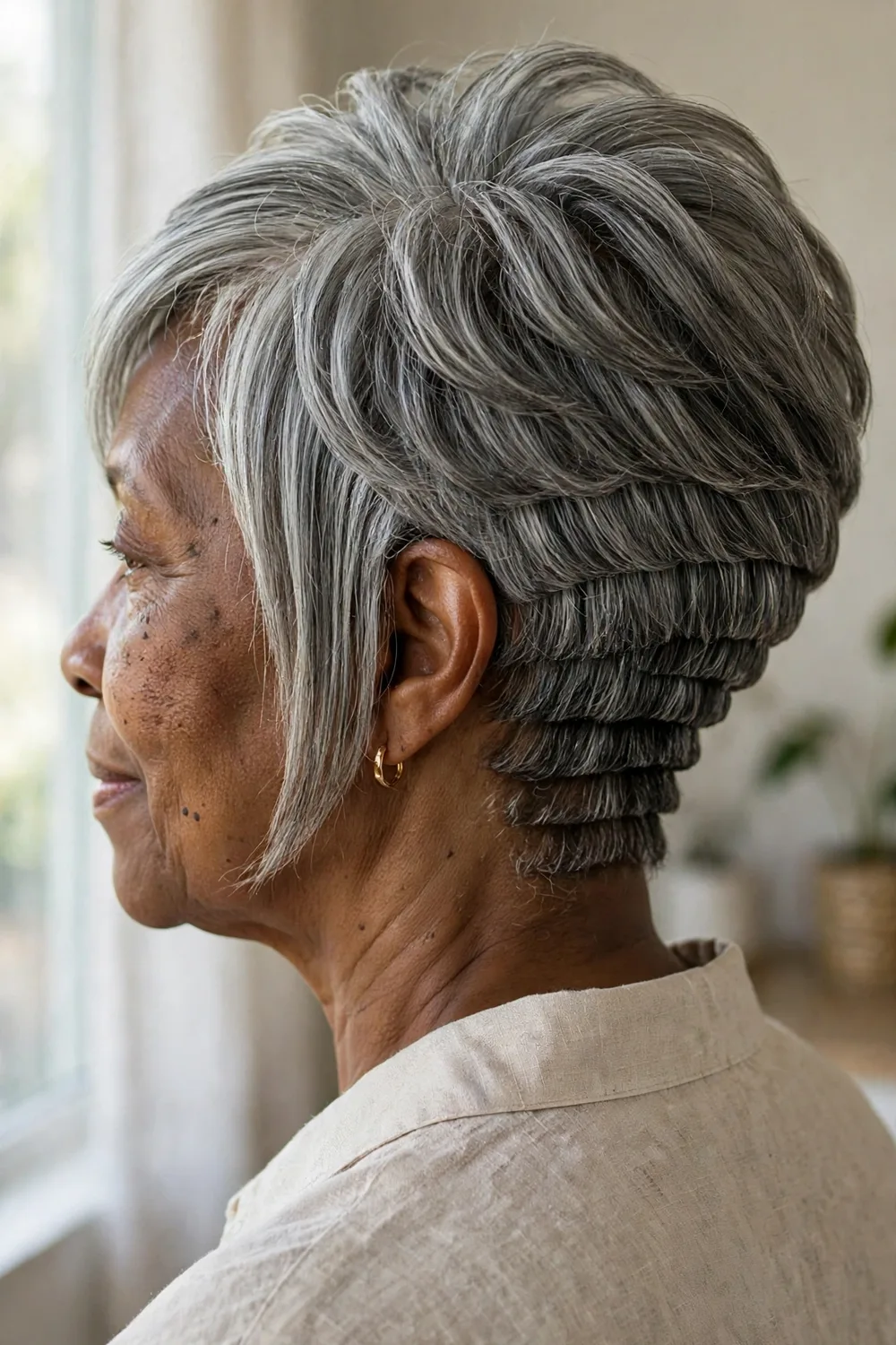 Short stacked angled bob with crown volume on a woman over 50