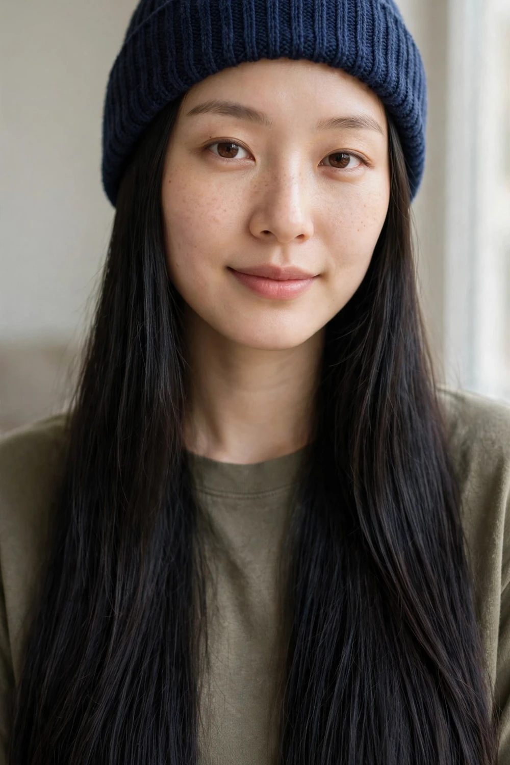 Woman with long sleek straight black hair wearing a navy knit beanie