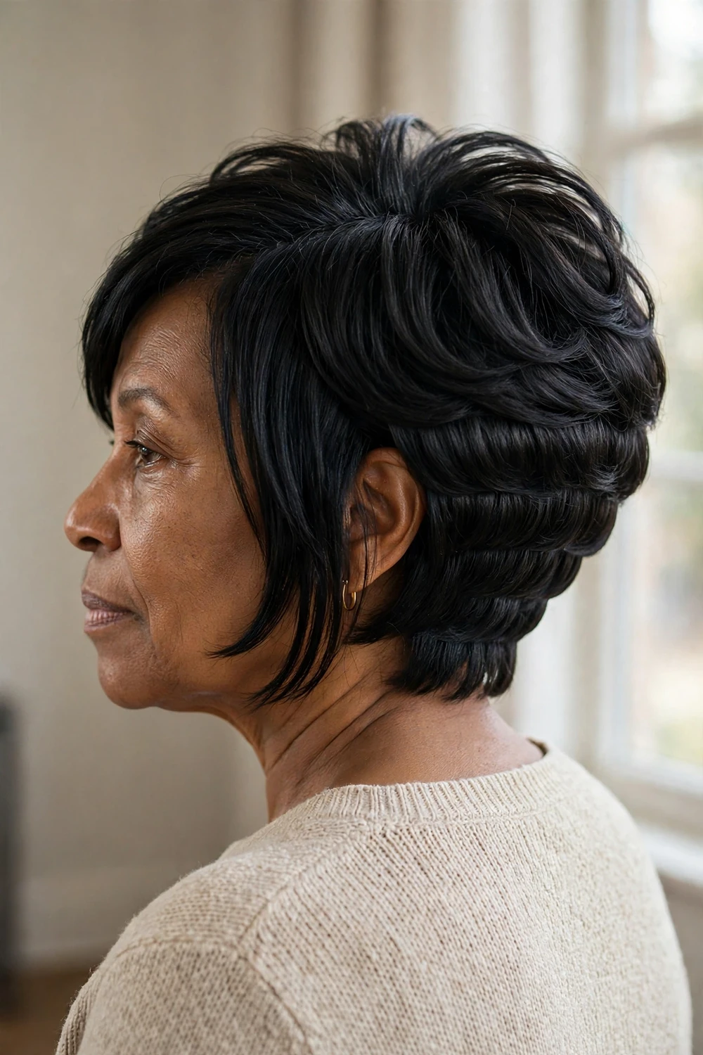 58-year-old Black woman with black stacked bob showing graduated shorter layers at the back