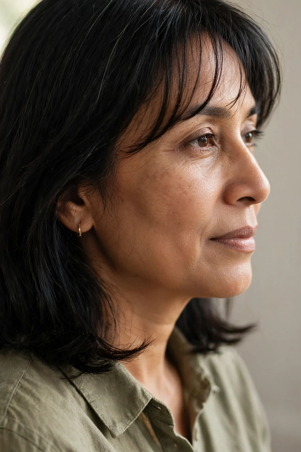 Woman with fine black shoulder-length hair and soft thin feathered wispy bangs