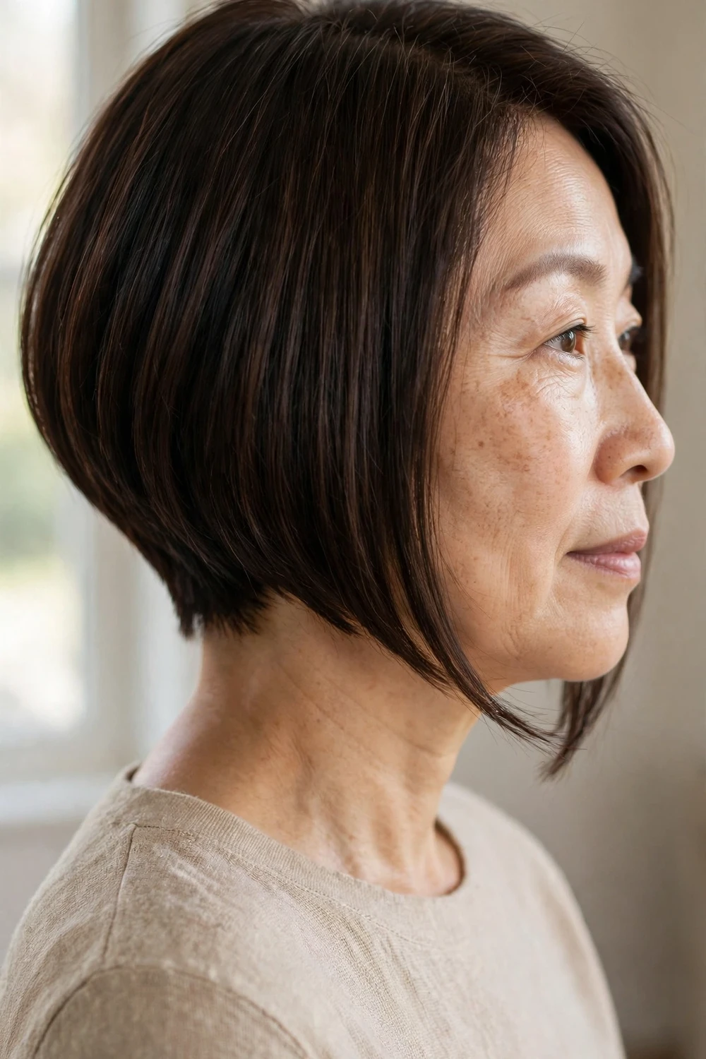 52-year-old East Asian woman with dark brown angled bob shorter at the back and longer at the front