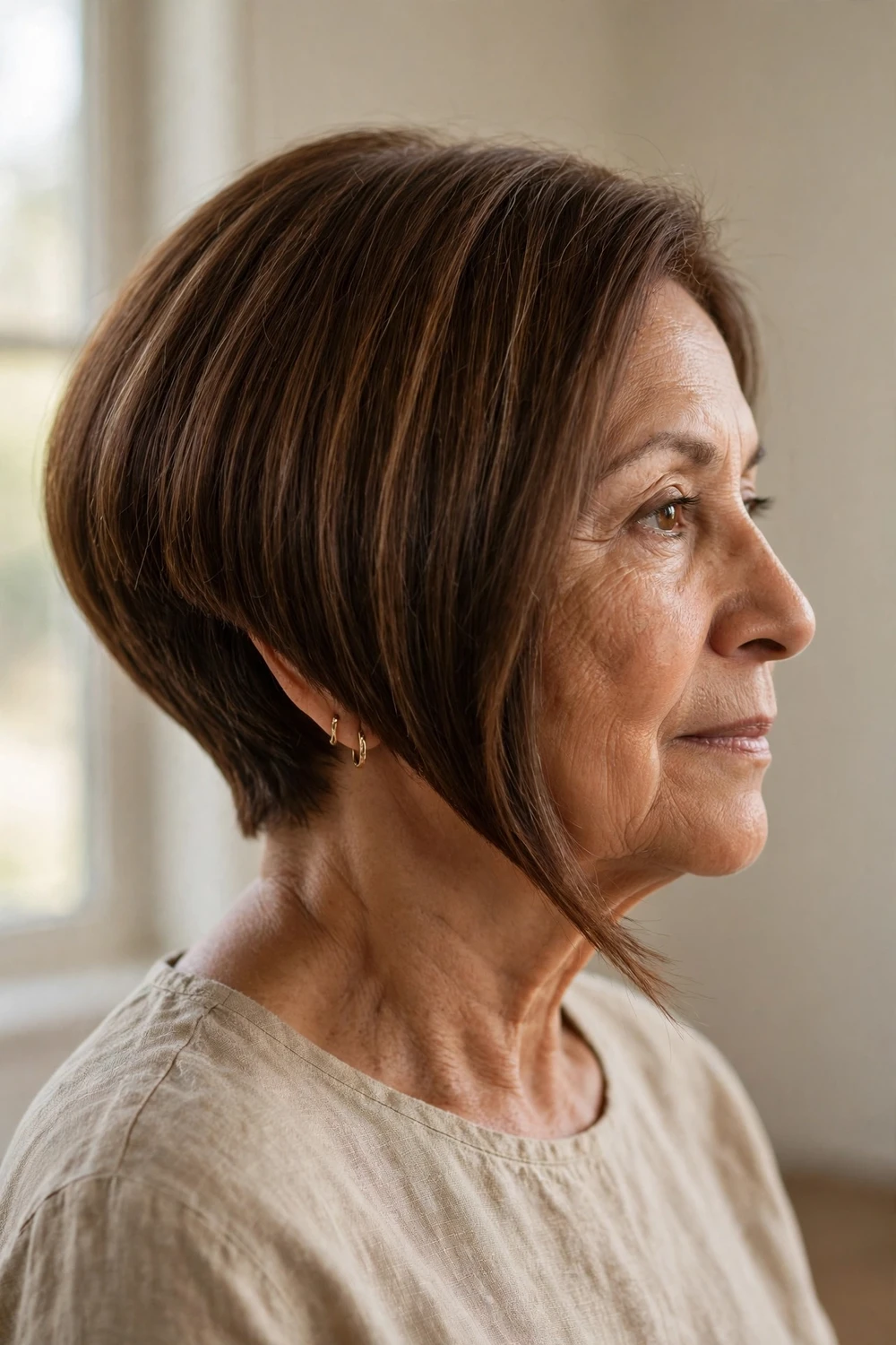 Angled bob on a 60-year-old woman with chestnut fine hair