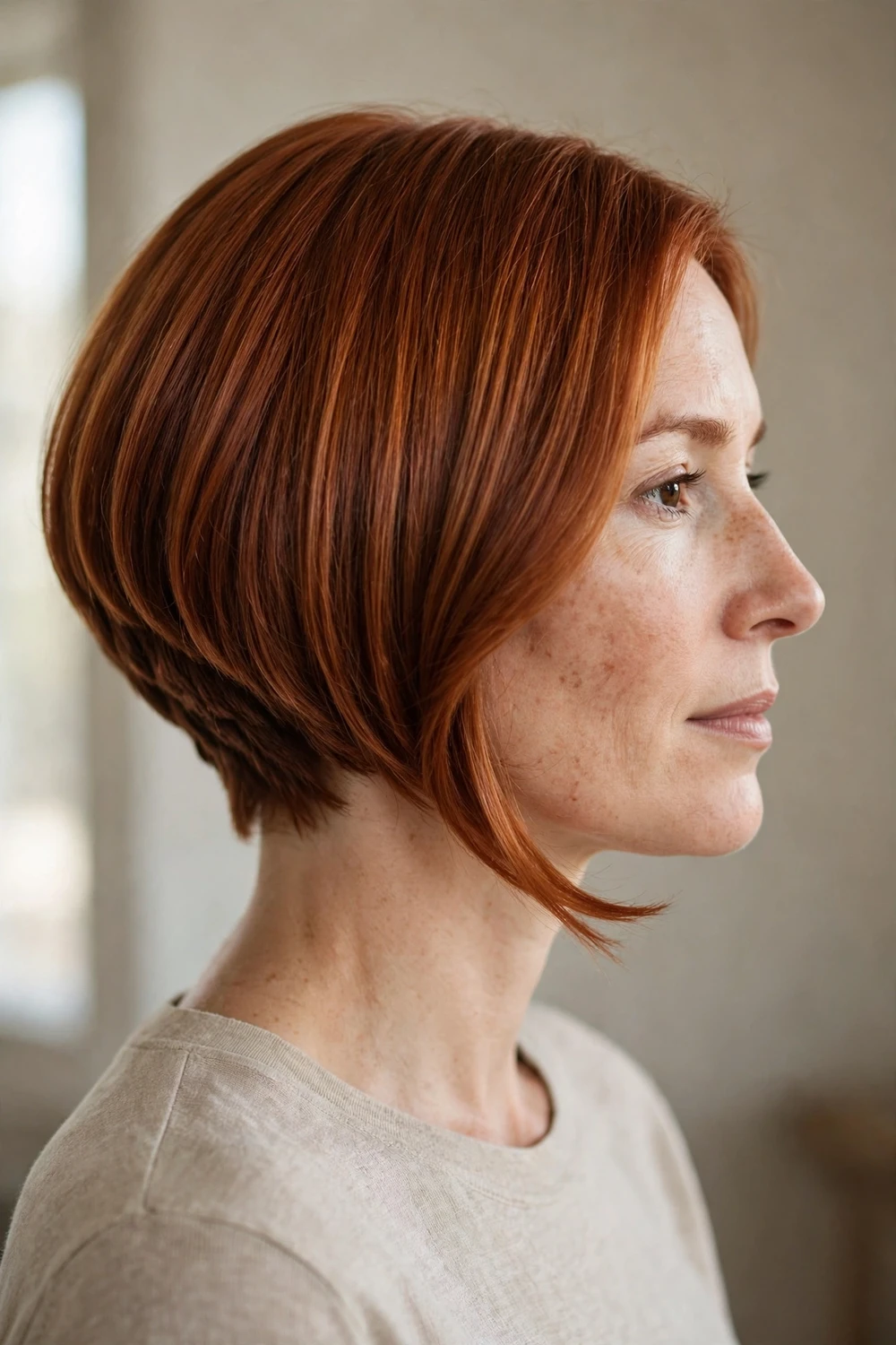 Woman with copper-auburn angled bob, longer in front, stacked at the back