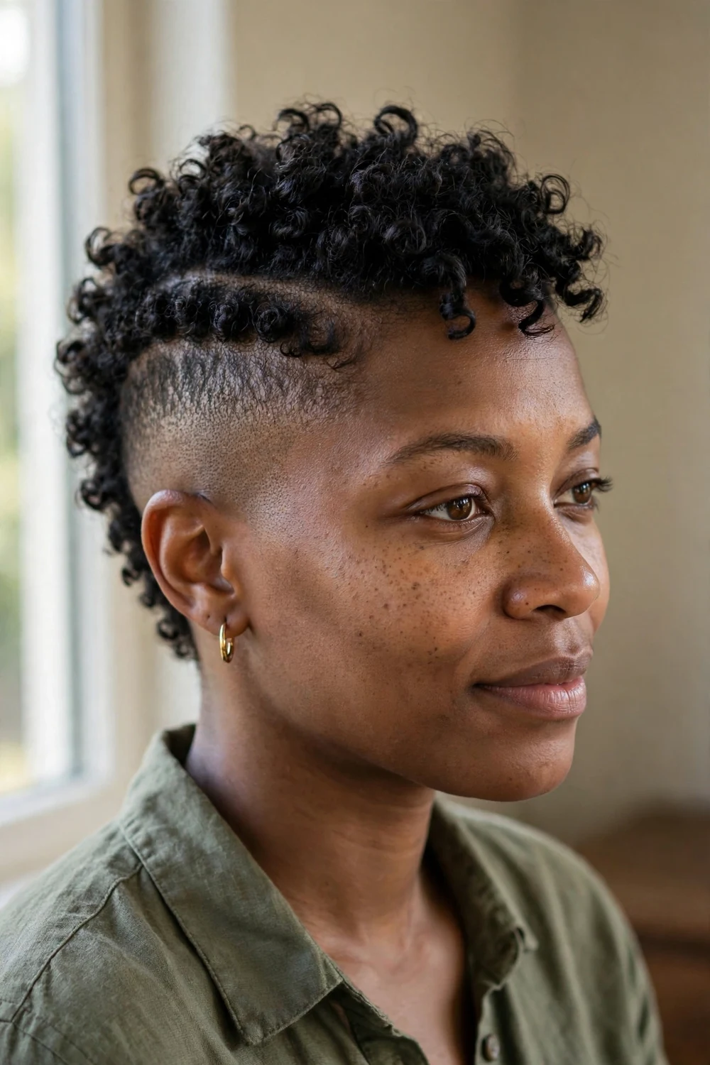 Curly mohawk pixie with a strip of tight curls and closely shaved sides