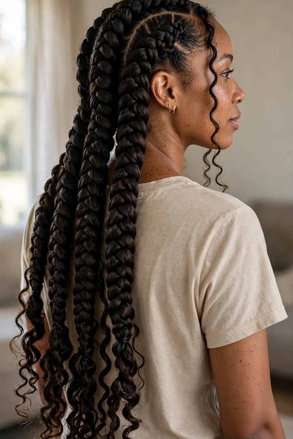 Woman with long chunky large knotless boho braids and curly ends
