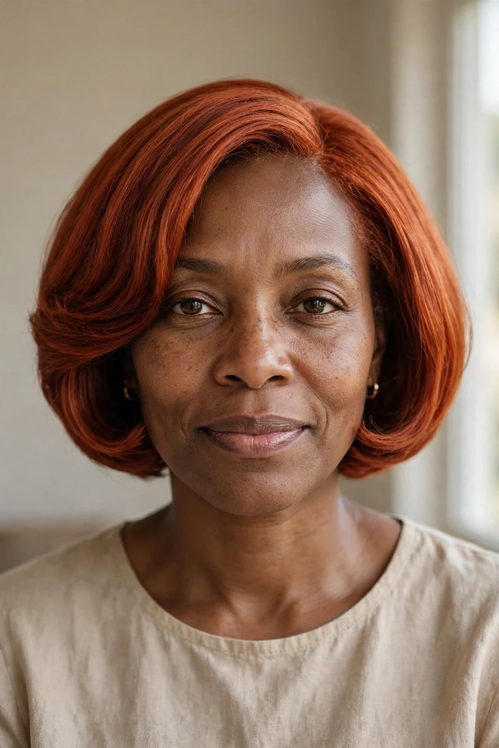 Rounded short bob curving softly around a woman's thin face, copper red hair