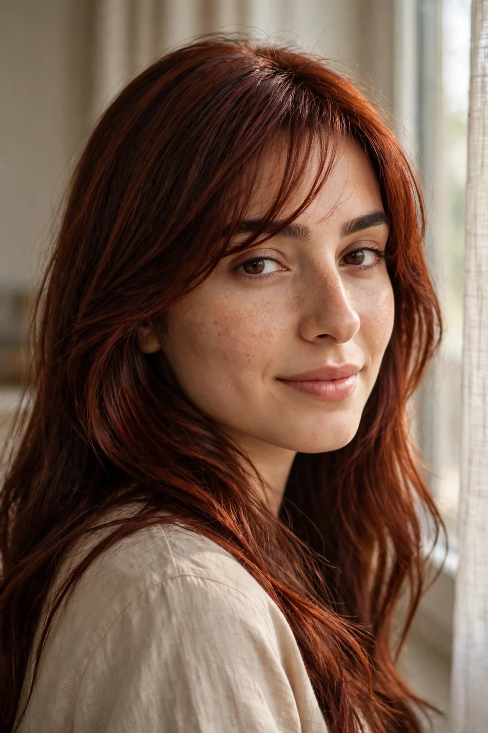 Woman with dark auburn long hair and wispy bangs swept diagonally to the side