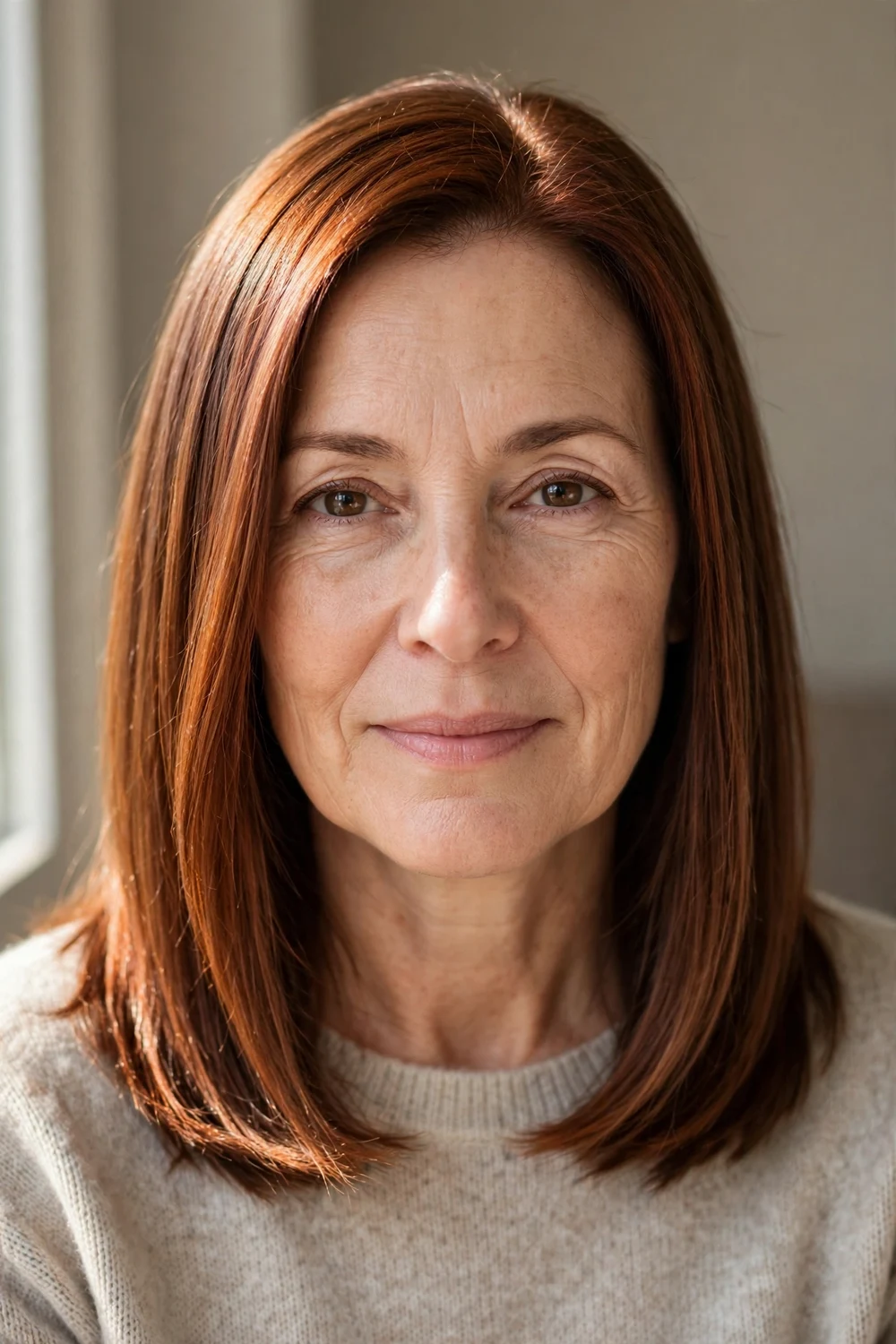 Woman with subtle auburn copper tones in sleek straight hair
