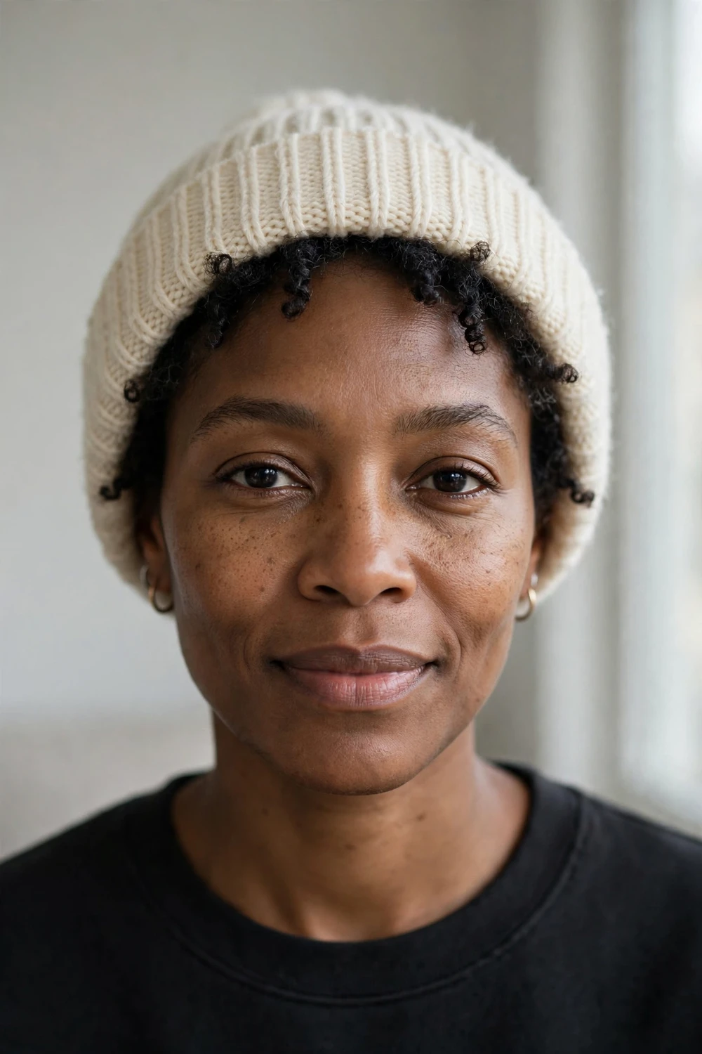 Woman with short hair tucked inside a cream wool beanie