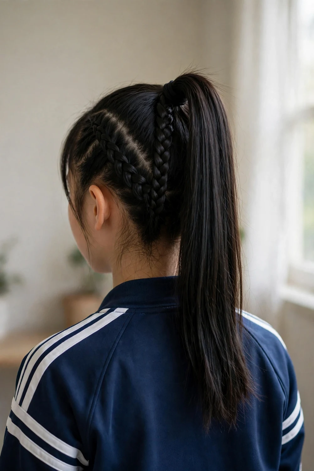 Girl with two French braids feeding into a high ponytail