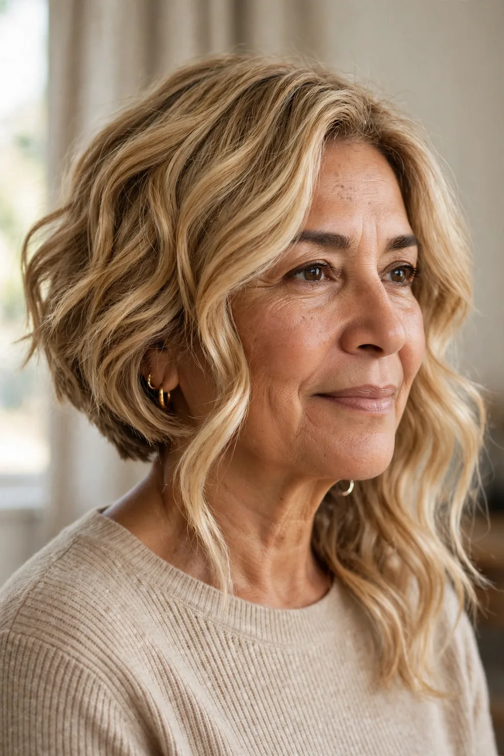 Wavy angled bob with soft texture on a woman over 50