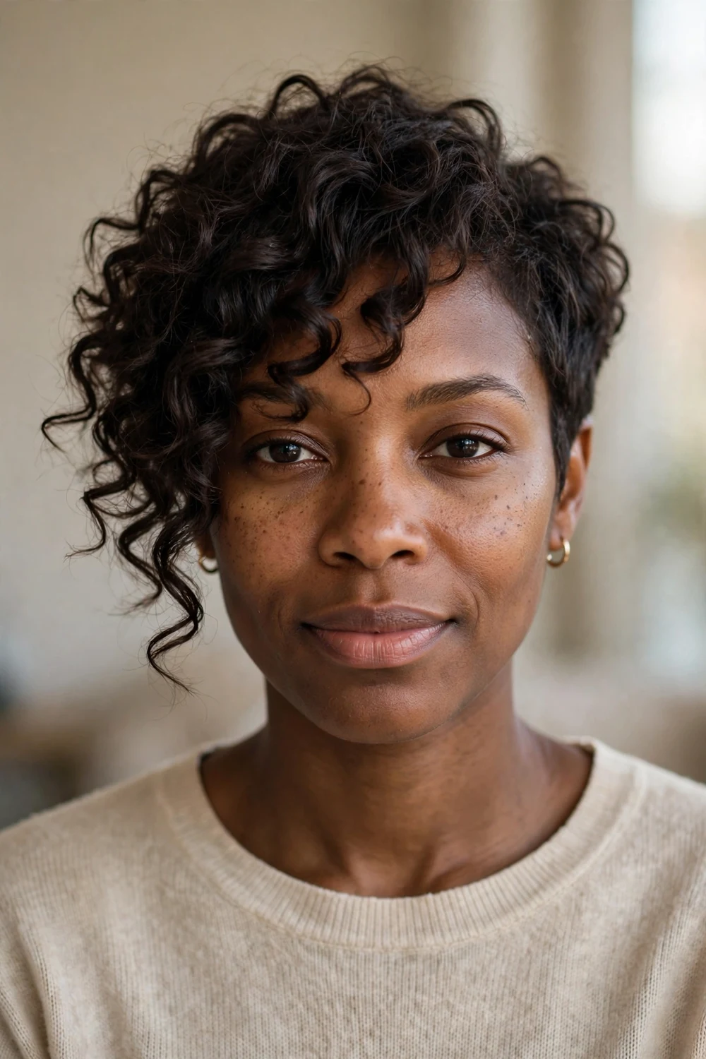 Asymmetrical curly pixie with one longer curled side swept across the forehead