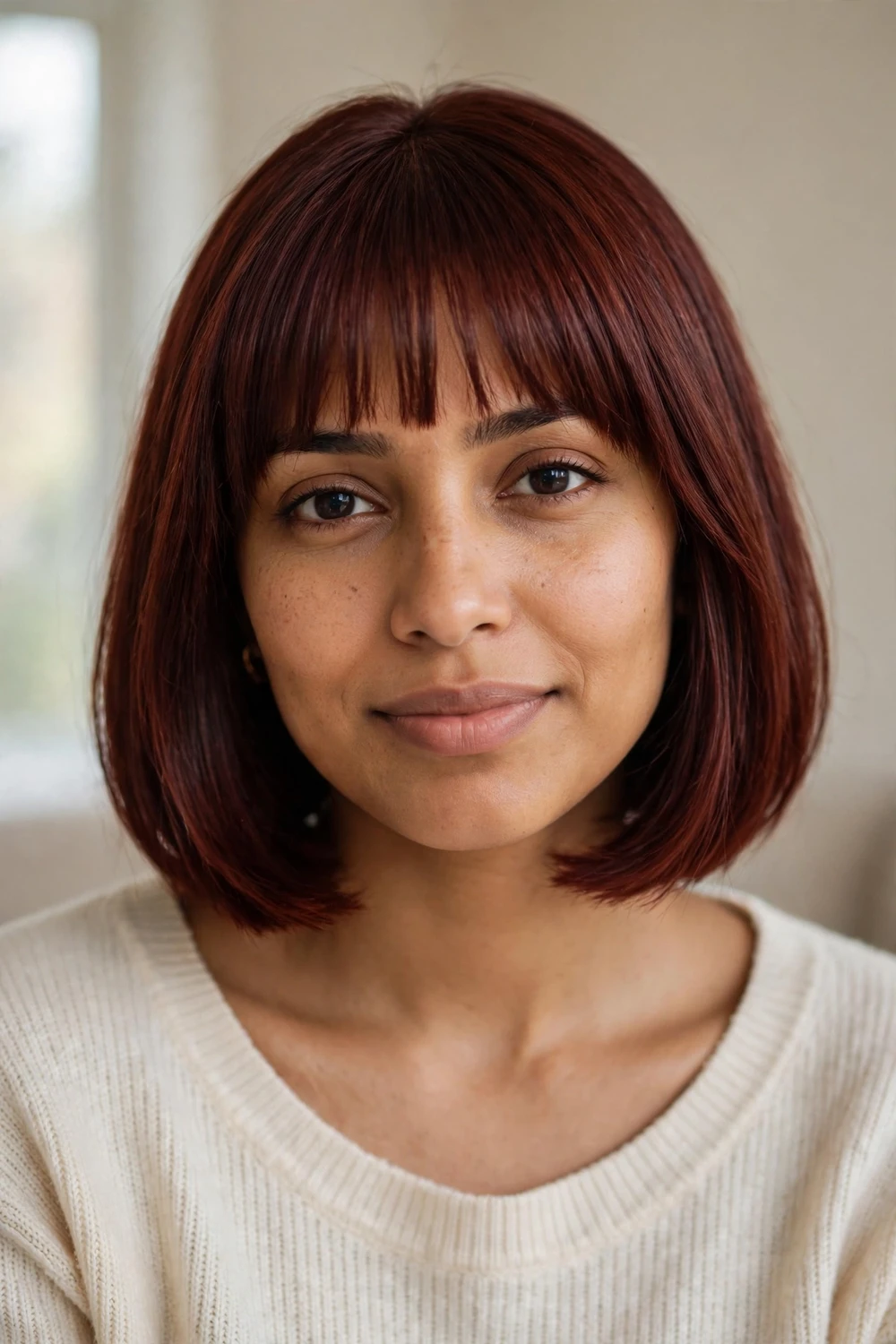 Woman with jaw-length auburn bob and full straight-across bangs