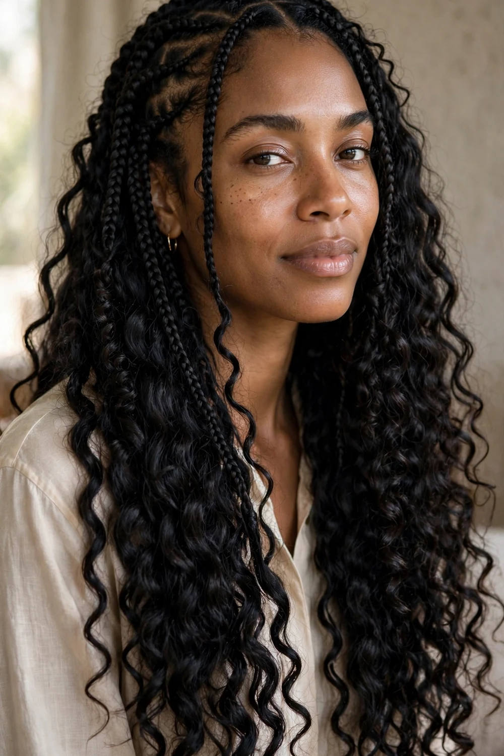 Woman with long boho braids mixed with deep wave curly hair