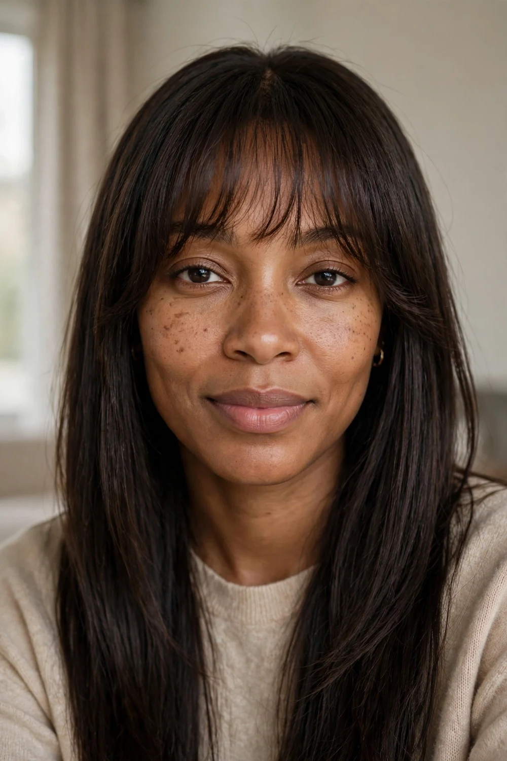Woman with espresso brown long straight hair and a crisp full feathered wispy fringe