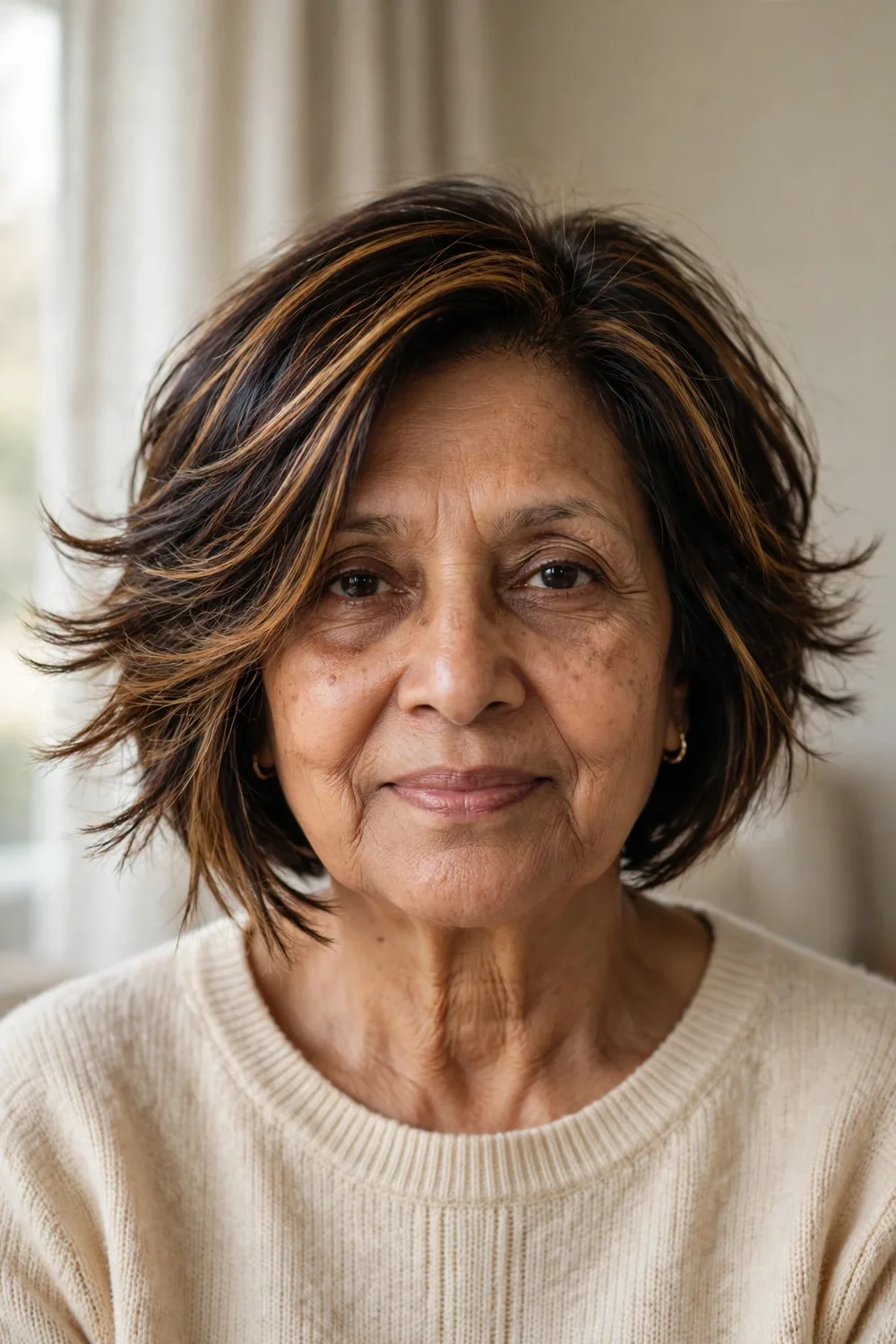 Feathered angled bob with soft ends on a woman over 50