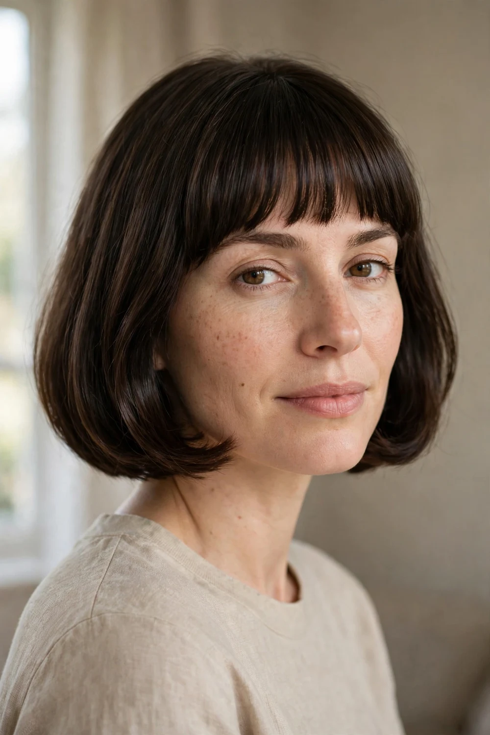 French bob with straight bangs on a woman with a slim face, dark hair at jaw length