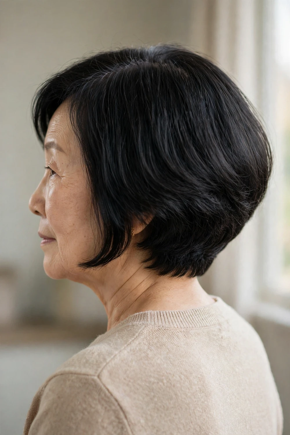 Graduated bob with stacked nape on a 63-year-old woman with black thin hair