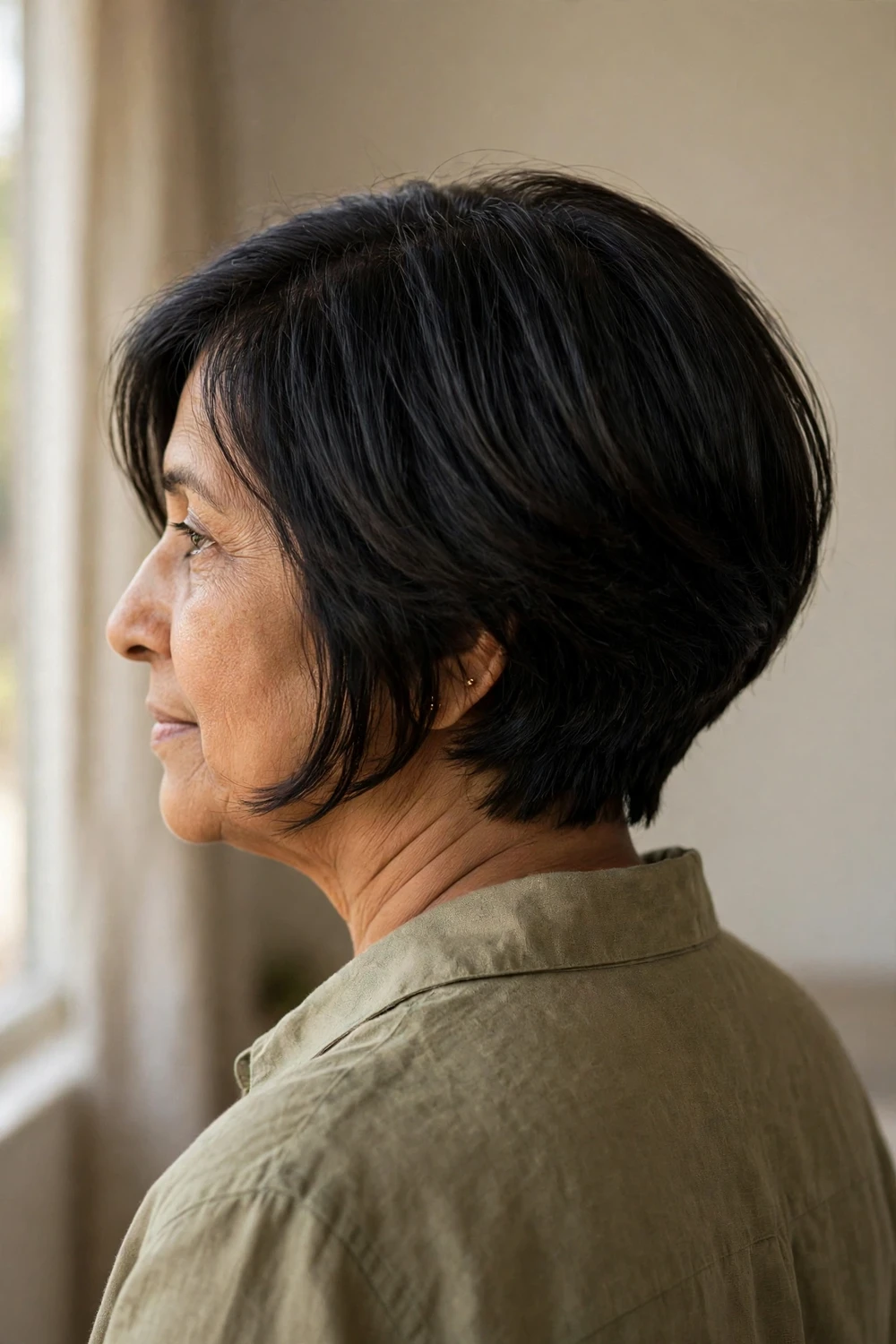 56-year-old South Asian woman with black inverted bob with graduated layers viewed from the back